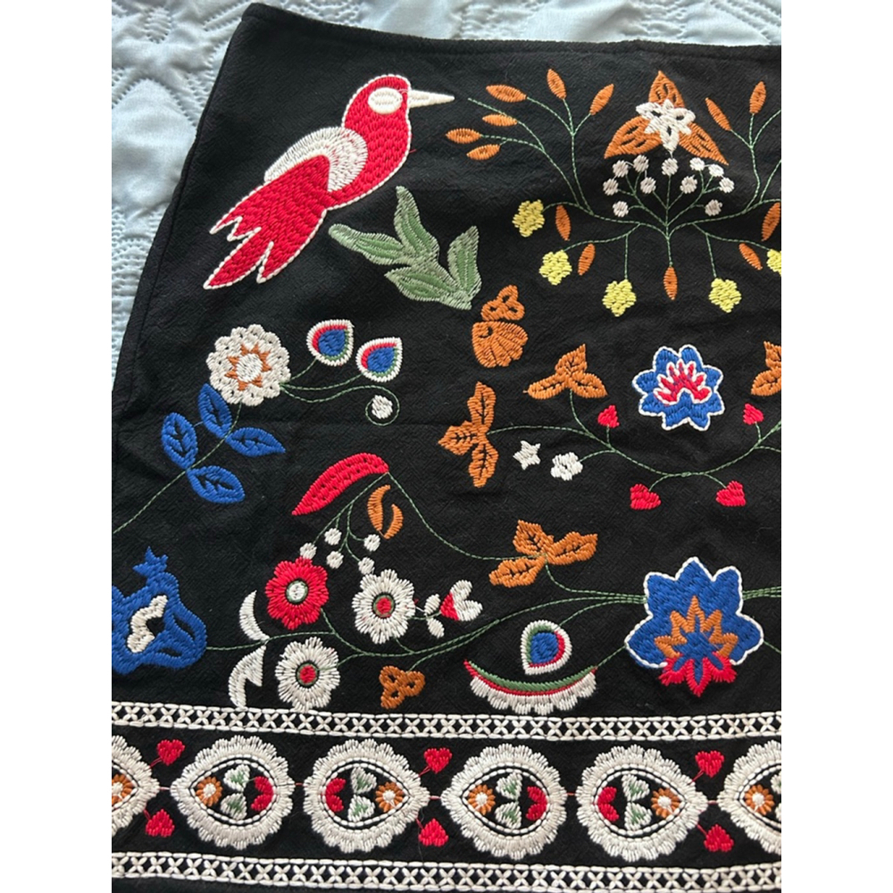 Umgee Black Multicolor Embroidered Mini Skirt Birds Pom Trim Sz L NWT - Picture 7 of 13